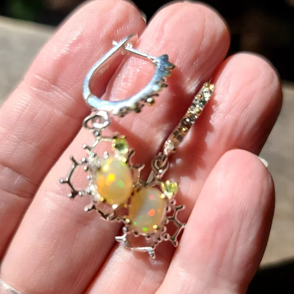 Opal & Peridot honeycomb sterling & gold Earrings - Picture 3 of 8